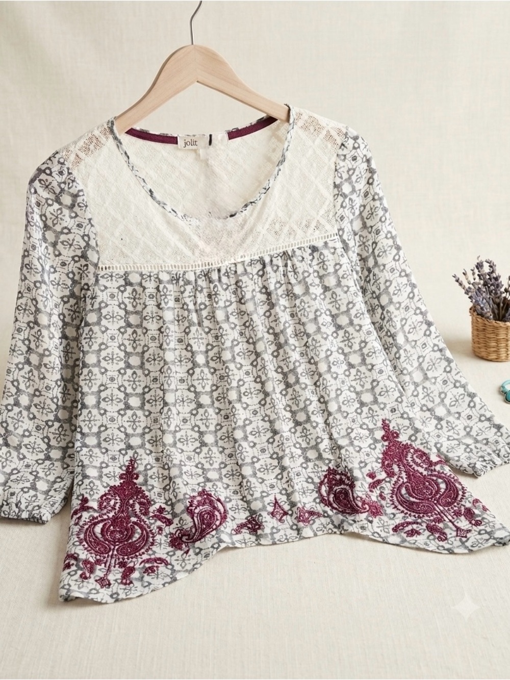 Jolt Cream Tunic with Gray Geometric Print and Burgundy Embroidery